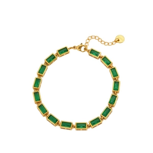 Elegant gold-tone stainless steel bracelet with green zircon emerald-cut gemstones