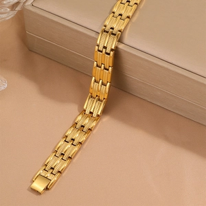 Adjustable golden stainless steel link bracelet with elegant engraved wheat pattern details