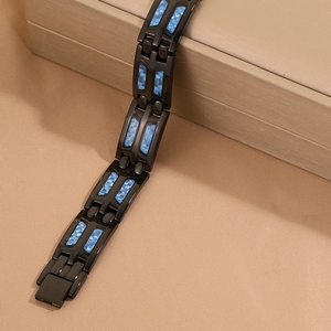 Men's titanium steel bracelet with blue carbon fiber and double row magnets for wrist therapy