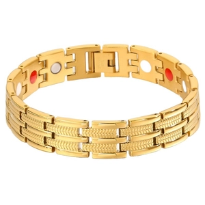 Gold stainless steel magnetic health bracelet with decorative wheat ear pattern engraving