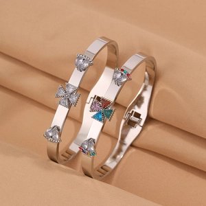 Silver Tree of Life hinged bangle set with colorful cross and heart zircon crystals