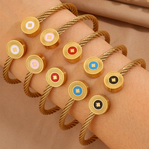 Bracelet Jonc Vintage en Acier Inoxydable Câble Torsadé pour Femme Plqué Or Émail Motif Étoile Soleil Manchette Ouverte