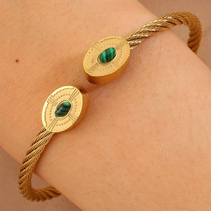 Détail du bracelet torsadé doré avec pierres ovales vertes porté au poignet