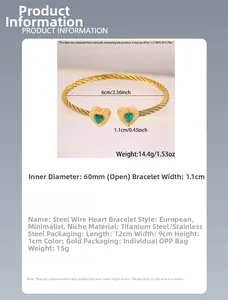 Detailed size chart showing 60mm diameter and 1.1cm width for the gold heart wire bracelet