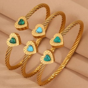 Minimalist gold stainless steel twisted rope heart bracelet with malachite and turquoise stones