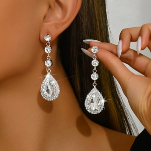 Luxuriöse Legierung Wassertropfen Strass Ohrhänger Elegante Silberne Hängeohrringe Für Braut Hochzeit Bankett Party Damen Schmuck