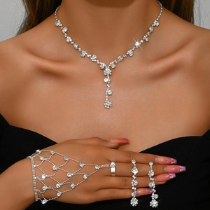 Sparkling crystal rhinestone necklace, earrings and hand chain jewelry set for weddings