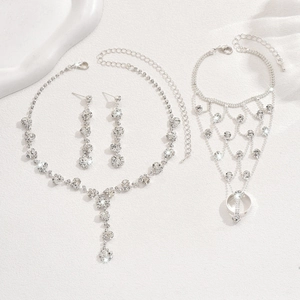 Elegant bridal silver rhinestone necklace, long earrings and slave bracelet jewelry set