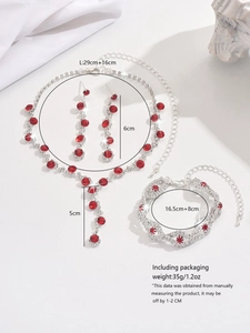 Detail view of crystal bridal jewelry set with dimensions for necklace, earrings and bracelet