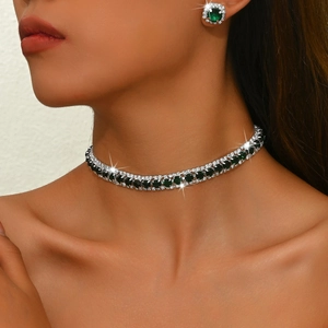 Vintage Smaragdgrün Strass Choker Halskette und Ohrring Set für Brautschmuck