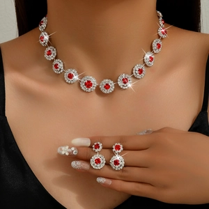 Conjunto de joyas de novia de lujo con cristales rojos y acabado plateado en modelo
