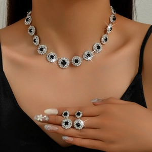 Conjunto de joyas de lujo para novia con piedras negras redondas y brillantes collares de cristal