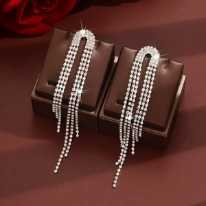 Sparkling silver long fringe tassel earrings with rhinestones for elegant evening wear