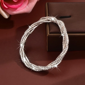 Elegant multi-layer silver twisted bracelet with sparkling rhinestones for women