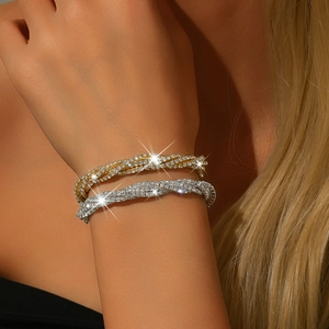 Elegant Twisted Layered Rhinestone Bracelet Shiny Geometric Gold Silver Plated Alloy Copper Bracelet Jewelry For Women Party Daily Accessories