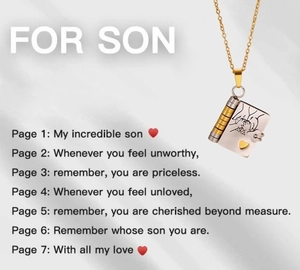 Silver book pendant necklace with gold heart and hands engraving for son