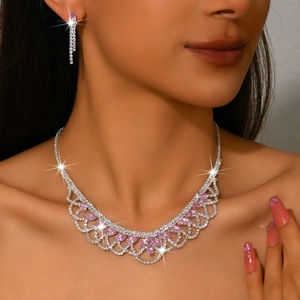 Luxury Copper Rhinestone Necklace And Earrings For Women Elegant Marquise Cut Crystal Tassel Wedding Banquet Formal Jewelry