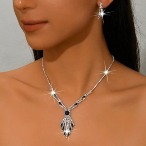 Elegant bridal jewelry set with sparkling rhinestones and black marquise gemstones