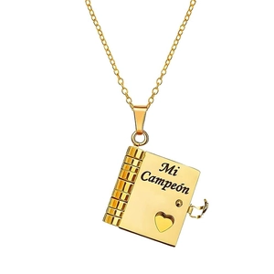 Collier en titane doré avec pendentif livre, gravure Mi Campeón et détail cœur ajouré