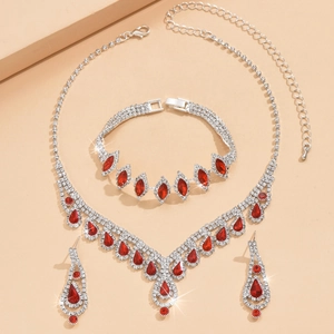 Lujoso set de joyas para novia con cristales rojos brillantes, collar, pendientes y pulsera