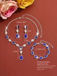Detailed size specifications for blue crystal necklace, earrings, and bracelet set