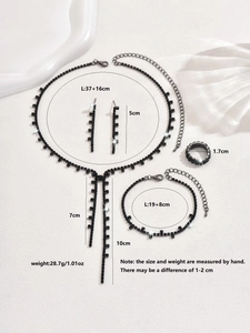 Detailed view of black rhinestone jewelry set with necklace earrings and ring dimensions