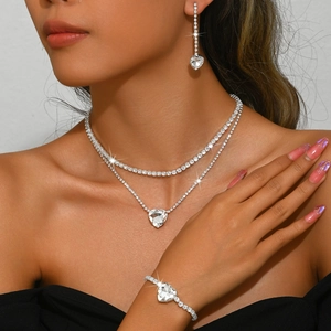 Elegant bridal silver heart rhinestone necklace earrings and bracelet jewelry set