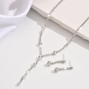 Silver-tone jewelry set with zircon fringe necklace and round stud earrings