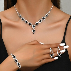 Elegant Alloy Copper Rhinestone Jewelry Set For Women Necklace Earrings And Bracelet Set Crystal Banquet Wedding Jewelry