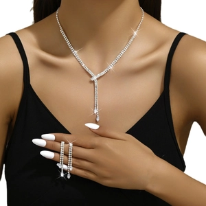 Sparkling silver-toned zircon bridal jewelry set with Y-shaped tassel necklace and earrings