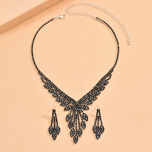Elegant silver jewelry set with black rhinestones for Halloween wedding necklace and earrings