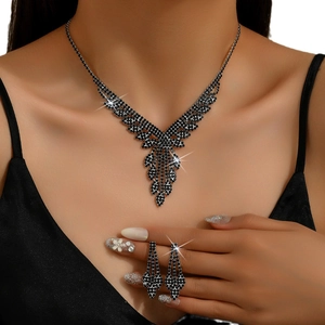 Elegant black rhinestone necklace and earring set for wedding or party evening wear