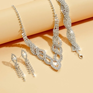 Set gioielli sposa con strass, collana intrecciata traforata, bracciale e orecchini