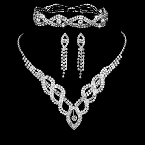 Luxury silver bridal jewelry set with sparkling rhinestones, necklace and earrings