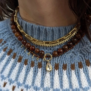 Double-layer beaded zircon necklace with gold CLAIRE letters and teardrop pendant