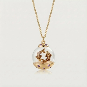 Détail du collier globe zodiaque avec carpe koï dorée à l'intérieur du pendentif en verre