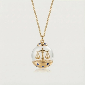 Détail du collier Balance en or avec pendentif globe transparent et pierres bleues