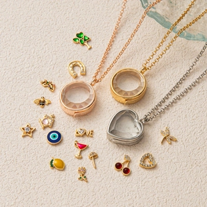 Vintage hollow locket pendant necklace set with crystal glass and colorful charms