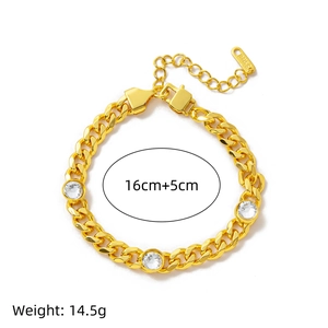Gold stainless steel Cuban link bracelet with clear cubic zirconia and 5cm extension