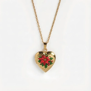 Exquisite goldene Herz-Medaillon-Halskette mit rotem Weihnachtsstern-Motiv für Dezember