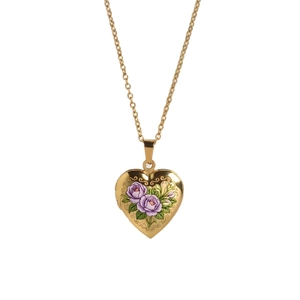 Goldenes Herz Medaillon Kette mit lila Rosen Emaille und feiner Rankenverzierung