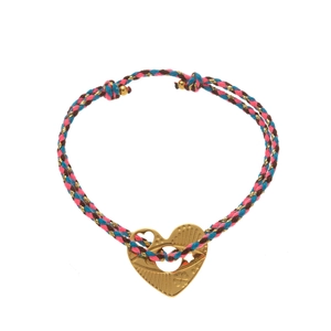 Detail of colorful braided 18k stainless steel bracelet with gold heart clover pendant