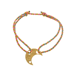 Macro detail of hand-woven colorful strap with gold moon pendant and clover motifs
