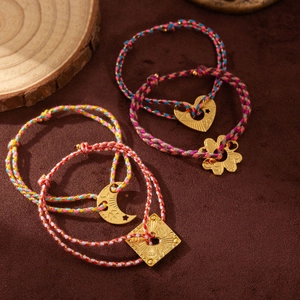Bohemian woven 18k gold plated stainless steel bracelet set with moon and heart charms