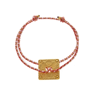 Vintage 18k gold plated stainless steel square charm on woven red and white rope bracelet