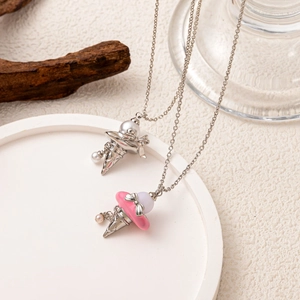 Set collana con ciondolo a gelato di perle con fiocco elegante in argento e rosa