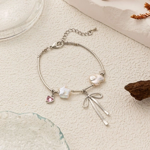 Süßes Schleife Stern Herz Kupfer Charm Armband Halskette Für Damen Naturperle Künstliche Barockperle Zirkonia Schmuck Valentinsgeschenk