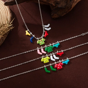 Creative enamel necklace featuring colorful miniature shirt and sock pendants on silver chain