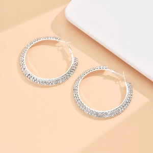 Sparkling silver hoop earrings with three rows of rhinestones for bridal fashion