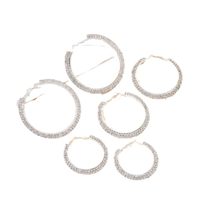 Three-pair silver hoop earring set with sparkling rhinestones in small medium large sizes
